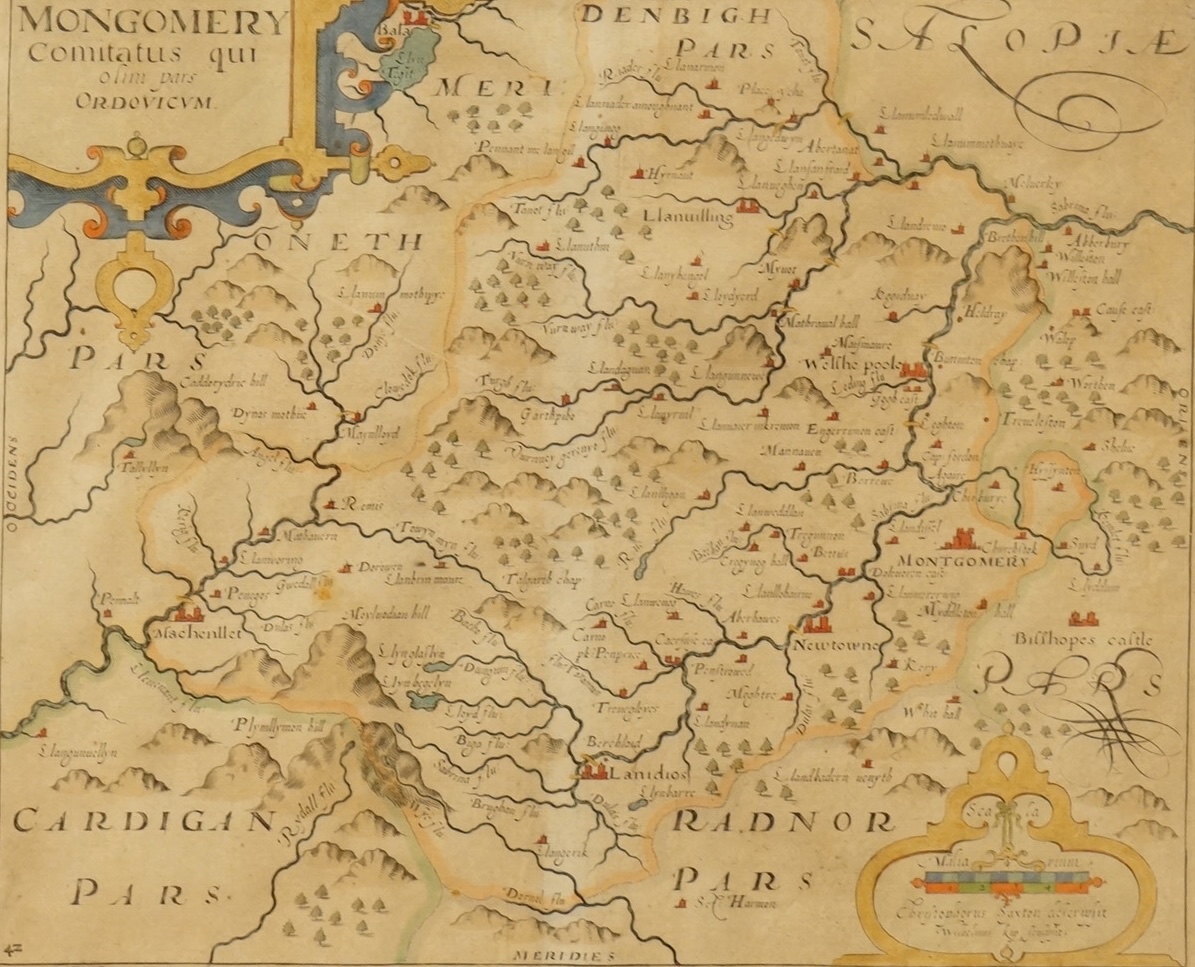 Christopher Saxon, Map of Montgomery, hand coloured engraving, 28 x 33cm
